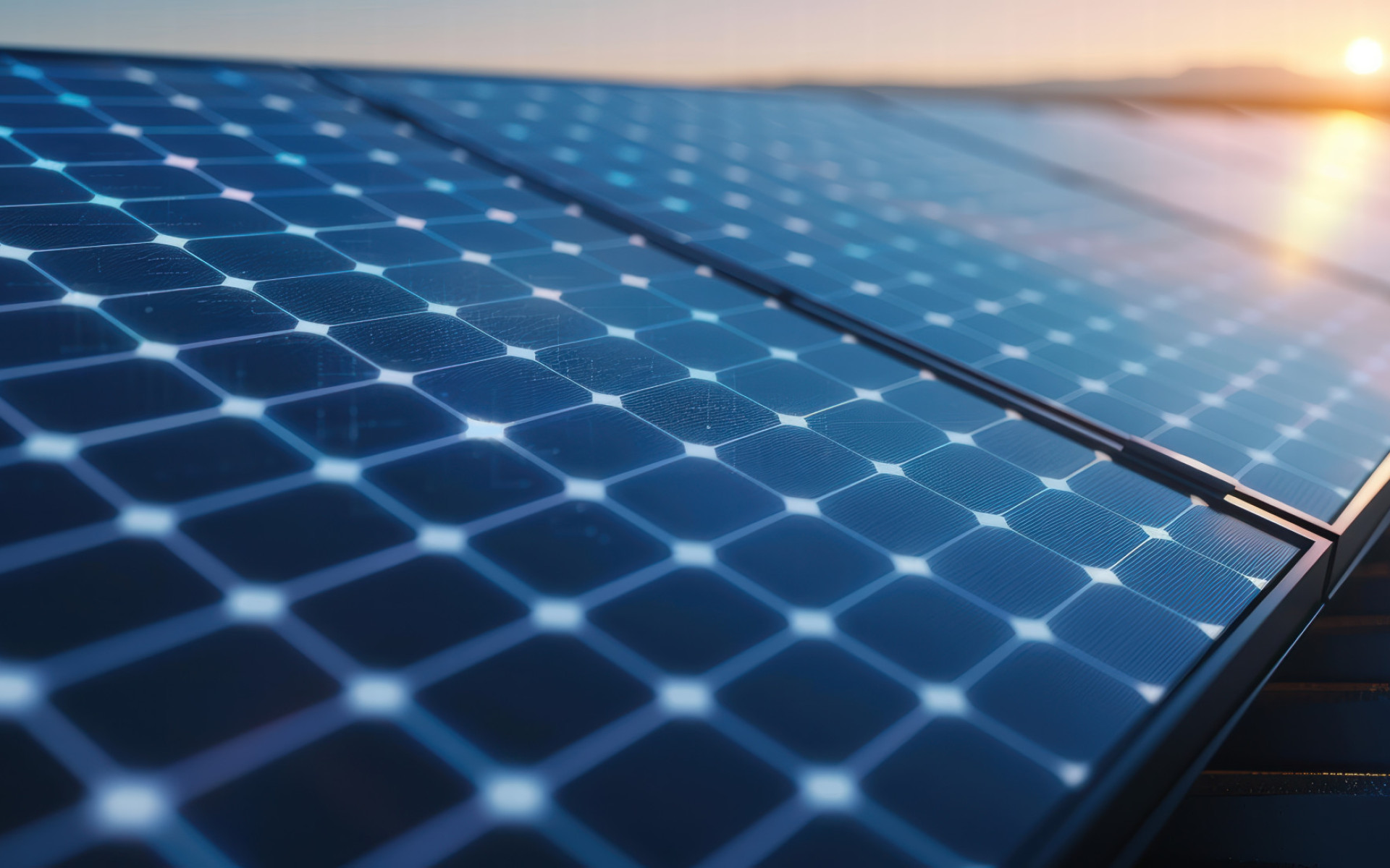 Seitlicher Blick auf Solaranlagen bei Sonnenuntergang