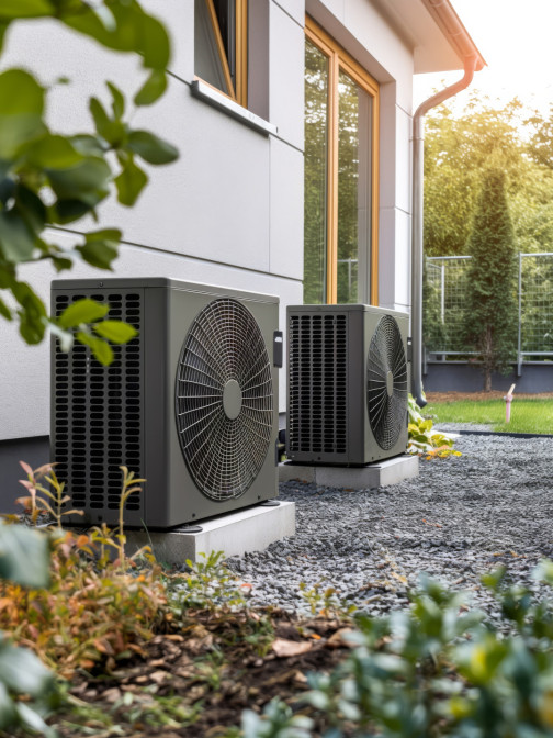 Blick aus dem Garten auf eine weiße Hauswand. Vor dem Haus stehen zwei schwarze Wärmepumpen.