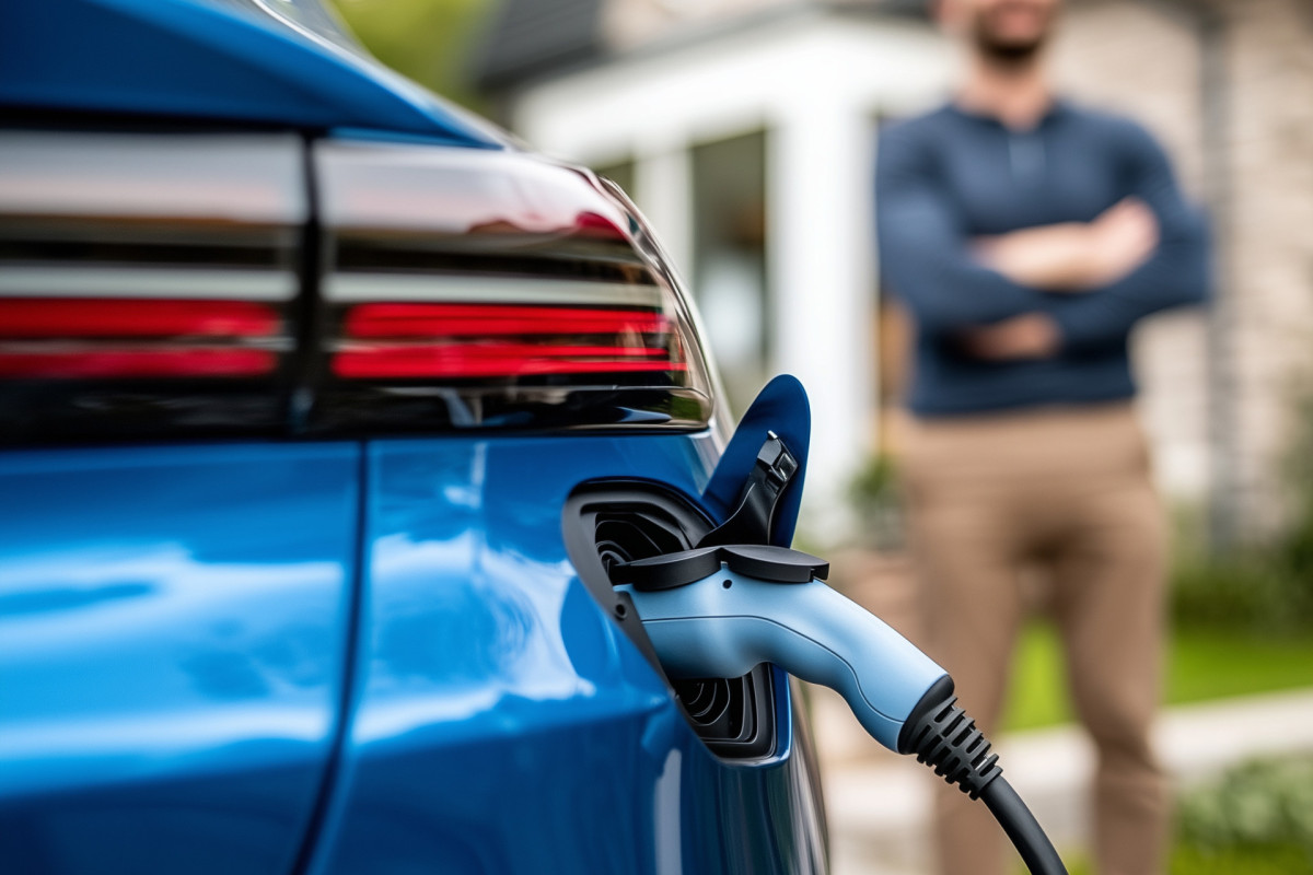 Nahaufnahme eines blauen E-Autos im Ladevorgang, im Hintergrund unscharf ein Mann mit verschränkten Armen.