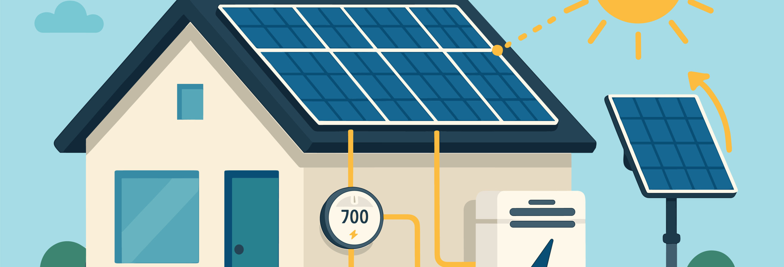 Ilustration einer PV-Anlage auf einem Haus mit Batteriespeicher