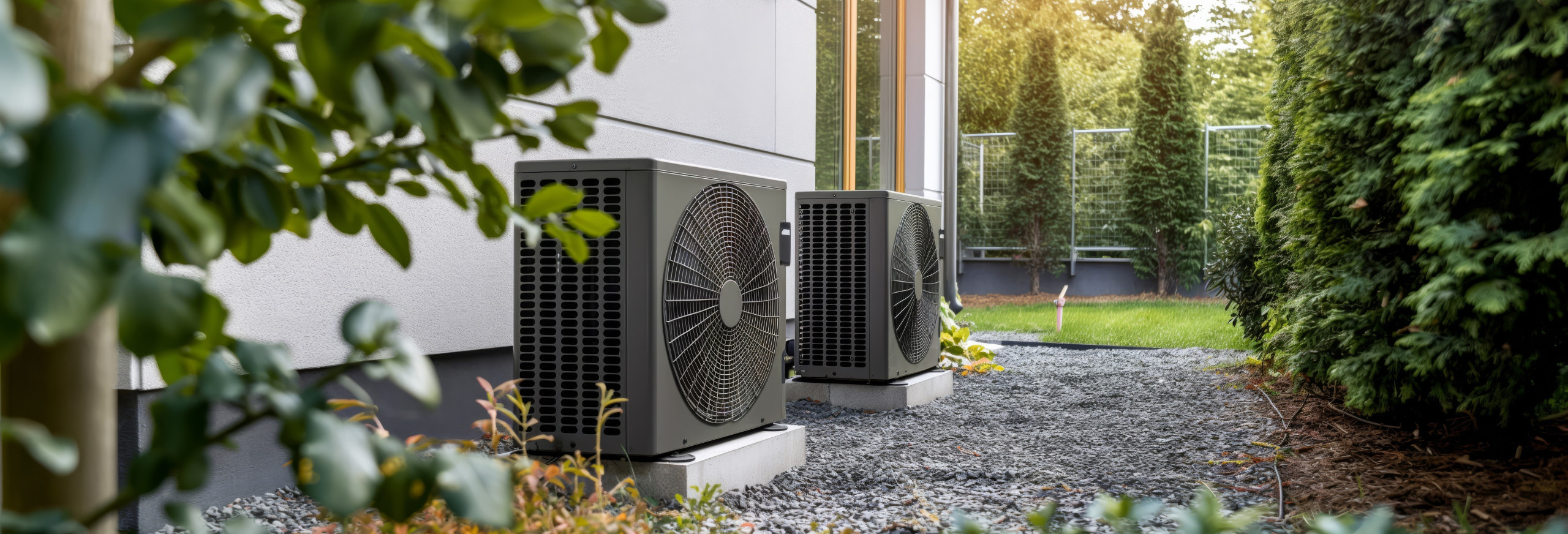 Blick aus dem Garten auf eine weiße Hauswand. Vor dem Haus stehen zwei schwarze Wärmepumpen.